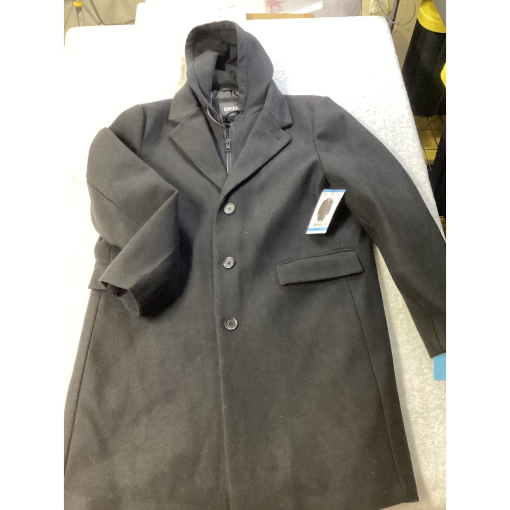 DKNY Mens‎ Hooded Coat Black Wool Blend 2-in-1 Bib Overcoat DXS84619 Large NEW